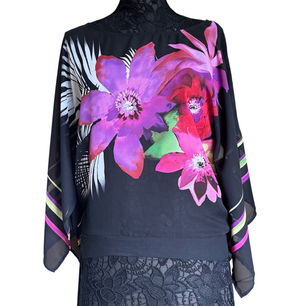 Vintage Black Sheer Long Sleeve Blouse with Vibrant Floral Design Small - Picture 1 of 14